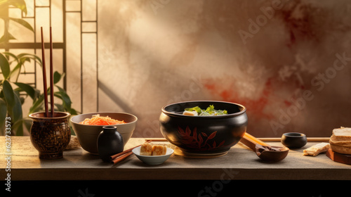 Asian food in bowls with chopsticks in a still life setup with side light and copy space
