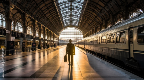 Silhouette of a male traveler on a train station platform, backlit