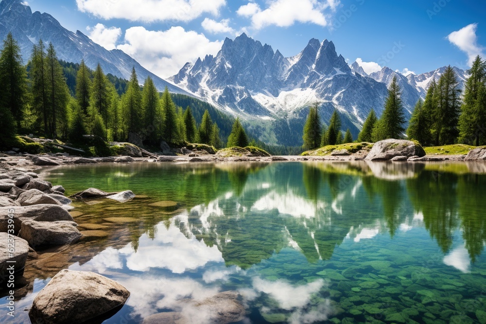 Crystal clear reflections of mountains on a tranquil alpine lake