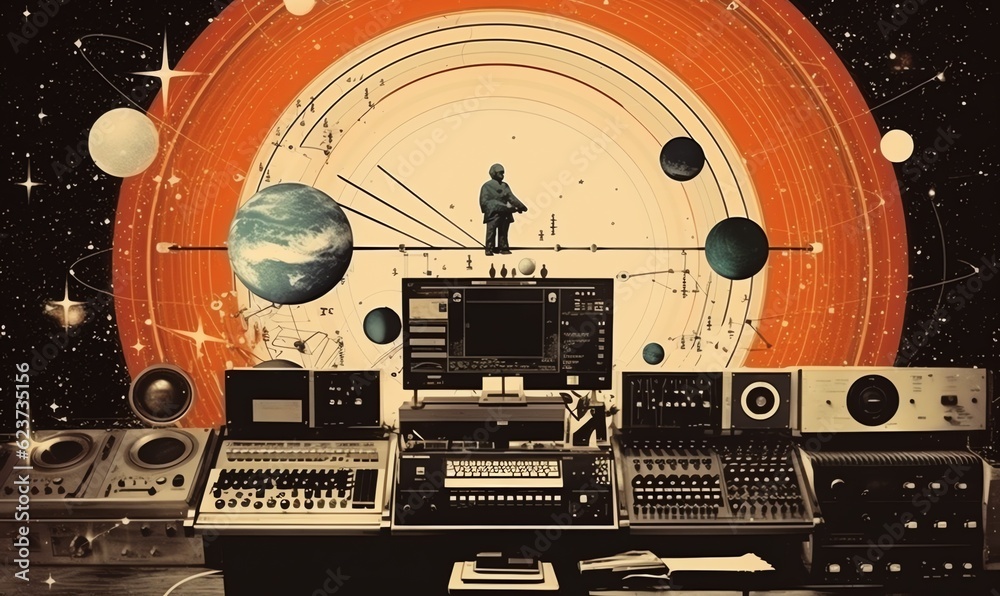 Retro Cosmic Minimalist Collage of Vintage Electronic Instruments and Cosmic Elements in a Music Studio Scene