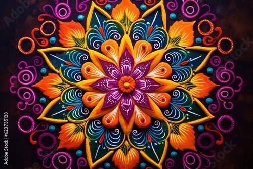 Detailed Indian Rangoli patterns made with vibrant colored powders