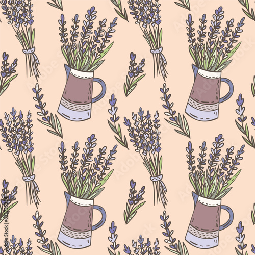 Bouquet and sprigs of lavender. Hand drawn seamless vector pattern. Vintage design for prints, fabric, wallpapers. Pastel beige and purple colors. Rustic or retro style design
