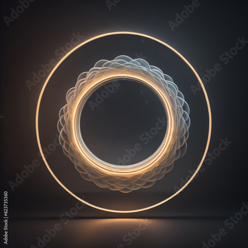 round frame. abstract cloud illuminated with neon light ring on dark night sky. Glowing geometric shape