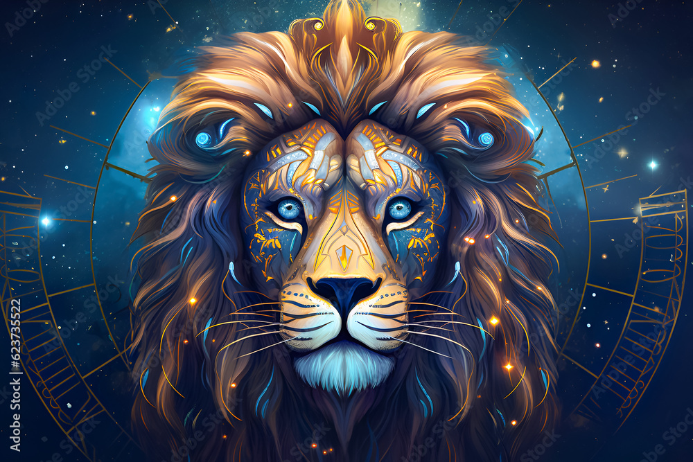 Leo zodiac sign in a circle on dark blue abstract background.