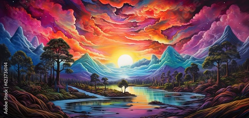 painting style illustration banner wallpaper  evergreen landscape under gradient rainbow sky  Generative Ai