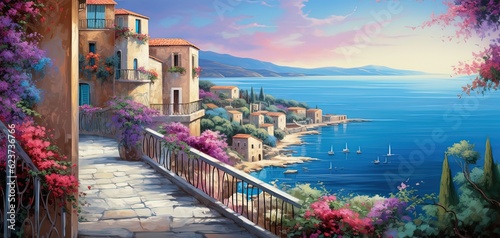 painting style illustration beautiful clifftop holiday balcony with coastal view, Generative Ai