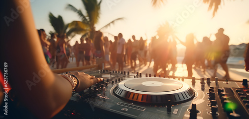 Dj mixing music outdoor at beach party festival, Summer nightlife view of disco club at sunset. Fun, millennials generation, youth lifestyle, Live event; music concept. Generative Ai.