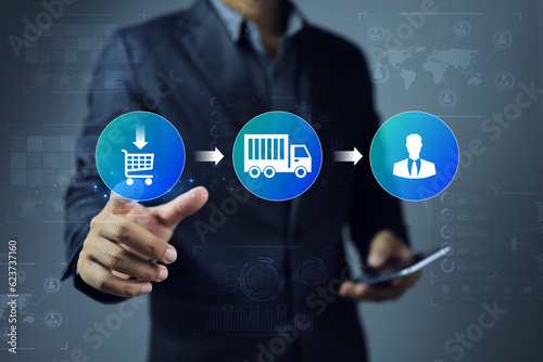 Businessman holding smartphone in hand and tracking package shipment or travel status from seller to destination buyer domestically and internationally. Transportation Shipping and Online Marketing