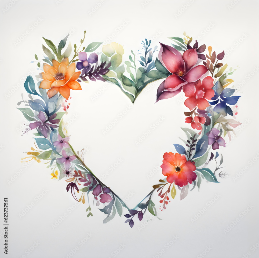 watercolor floral heart wreath frame, made with generative ai	