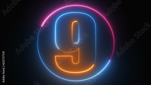 Neon text 9 with neon circle, number nine glowing in the dark, pink blue neon light, Shine number nine, the best digital symbol, 3d render, Education concept. photo