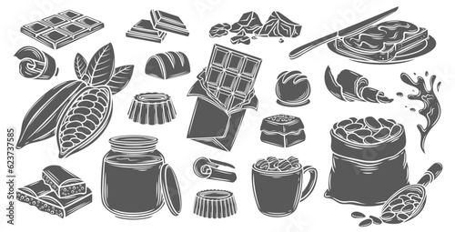 Chocolate glyph icons set vector illustration. Stamp of dark or milk chocolate products from candy shop menu, cocoa beans and ganache sauce splash, choco bar pieces and shavings of chocolate