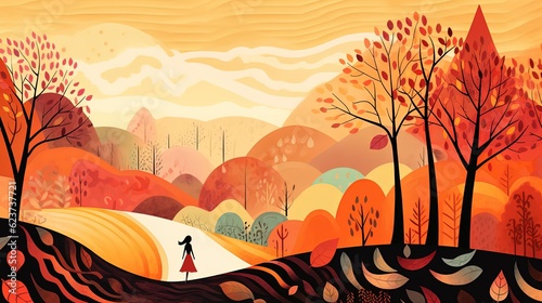 cute cartoon childrenbook desing illustration, girl walking in autumn forest, Generative Ai