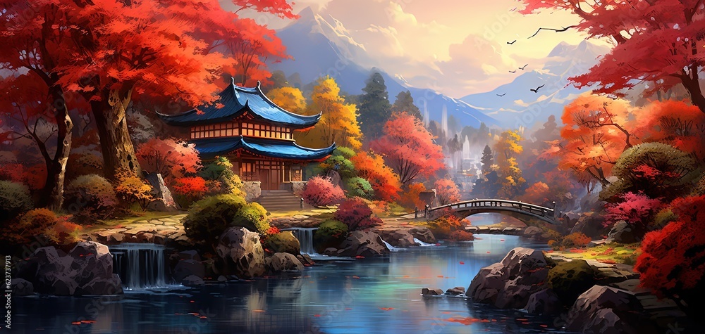 painting style illustration banner wallpaper, beautiful Autumn rural countryside ancient Asian village  landscape, Generative Ai
