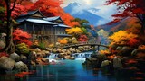 painting style illustration banner wallpaper, beautiful Autumn rural countryside ancient Asian village  landscape, Generative Ai