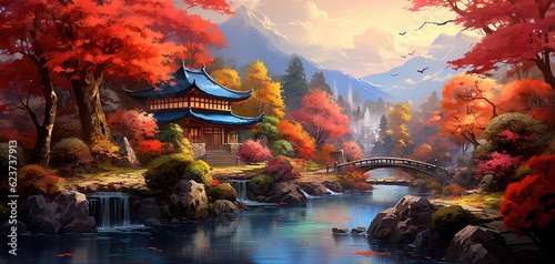 painting style illustration banner wallpaper, beautiful Autumn rural countryside ancient Asian village landscape, Generative Ai