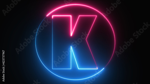 Neon Letter K with neon circle, Neon alphabet K glowing in the dark, pink blue neon light, Shine text K, the best digital symbol, 3d render, Education concept.