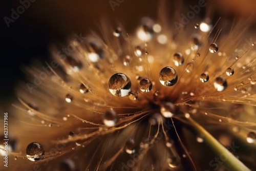 Close up water drops on dandelion seed in nature in yellow and gold tones. Ai generative.