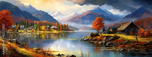 painting style illustration banner wallpaper, beautiful Autumn village with snow mountain background landscape, Generative Ai
