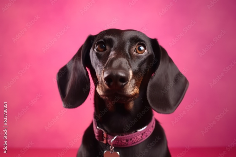 Adorable Black Dachshund Sitting on Pink Studio Background