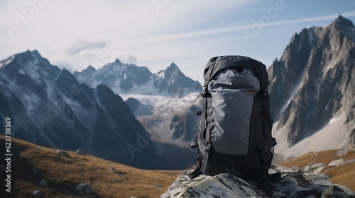 Tourist backpack isolate, mountain peaks background, outdoor activities. AI generated.