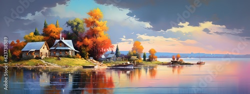  painting style illustration banner wallpaper, beautiful Autumn rural countryside wetland landscape, Generative Ai