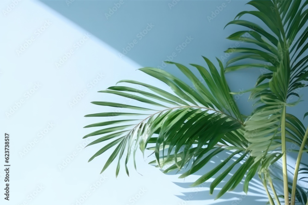 Minimalistic Abstract Background with Blurred Palm Leaf Shadows on Light Blue Wall