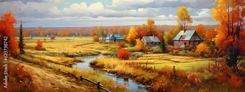  painting style illustration banner wallpaper, beautiful Autumn rural countryside farmland landscape, Generative Ai