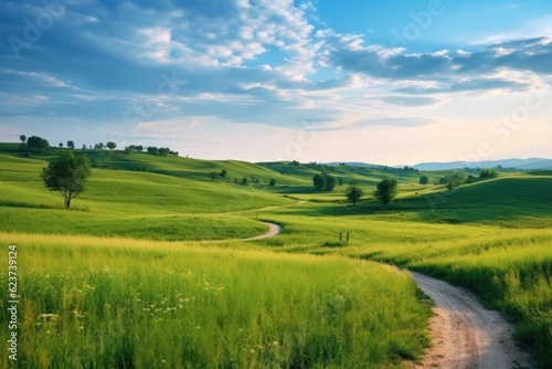 Serene Morning Walk on a Winding Path through a Green Hillside © Alexander