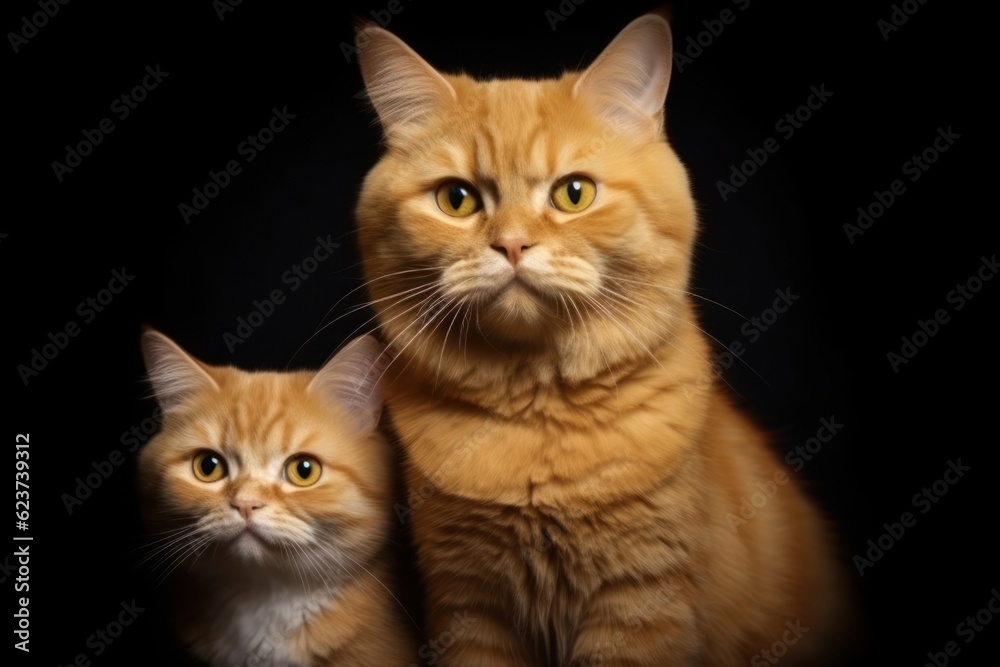 Loving Family of Yellow Cats with Their Kitten in a Studio on Black Background