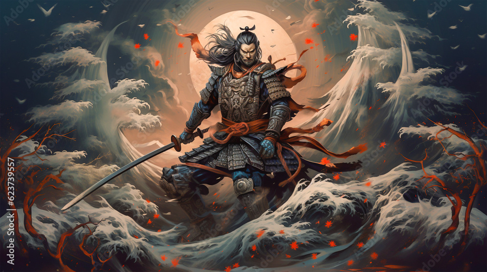 A samurai in armor wielding a sword emerges from the stormy waters of the full moon, with Generative AI A samurai in armor wielding a sword emerges from the stormy waters of the full moon, with Generative AI