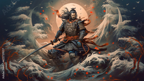 A samurai in armor wielding a sword emerges from the stormy waters of the full moon, with Generative AI