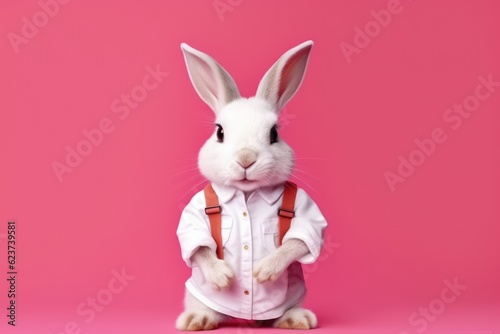 Happy White Rabbit in Basketball Uniform Posing Next to Basket