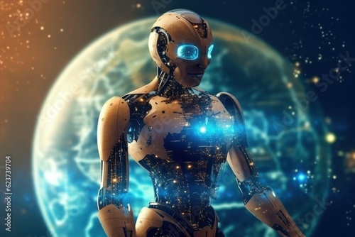 Futuristic Robot AI with Earthworld Technology for Business Security
