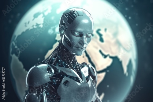 Futuristic Robot AI with Earthworld Technology for Business Industry Security