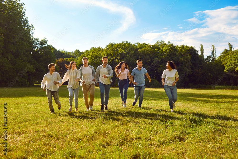Group of a young people friends walking in the summer park. Happy people girls and boys having fun and running outdoors. Smiling students in casual clothes spending time together on the lawn. Group of a young people friends walking in the summer park. Happy people girls and boys having fun and running outdoors. Smiling students in casual clothes spending time together on the lawn.