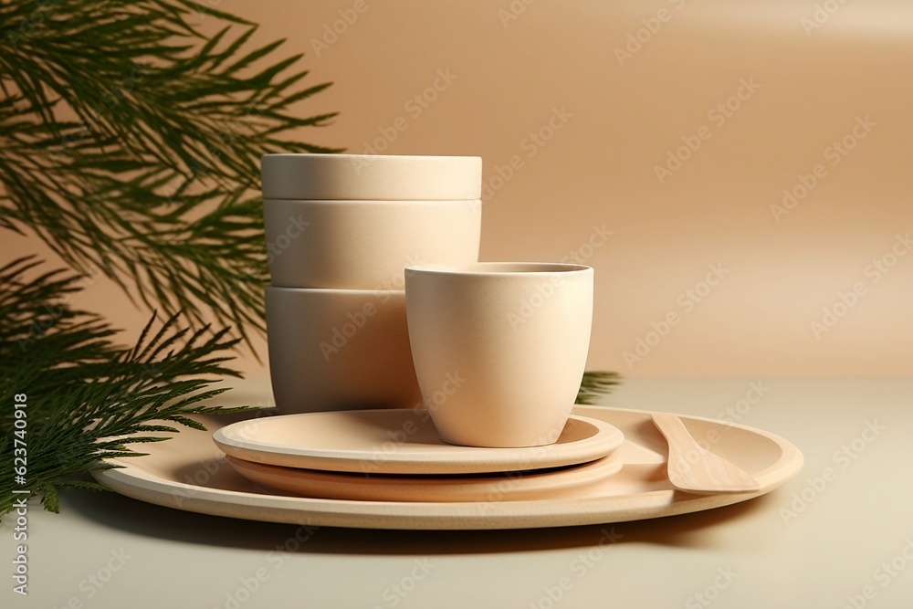 Dishes made of eco-friendly materials are on a tray Dishes made of eco-friendly materials are on a tray