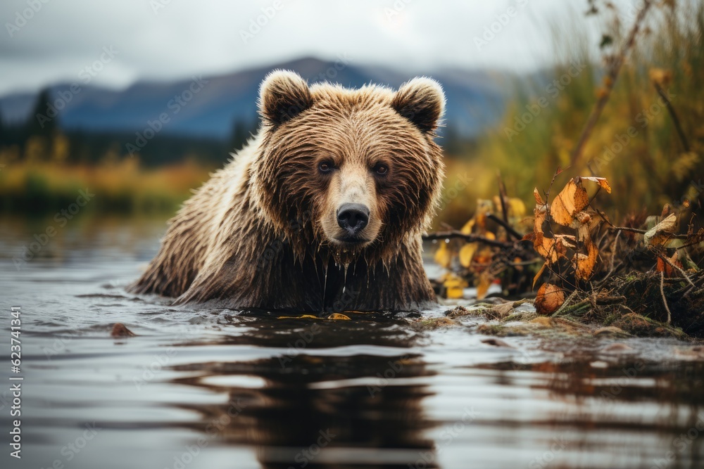 Brown bear fishing in a river. Generative AI Brown bear fishing in a river. Generative AI