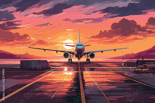 A commercial airplane Takes off at night on an airport runway with the city in the background and a beautiful sky, 3D illustration.