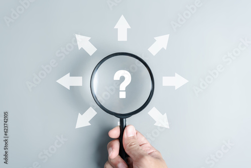 Magnifier Question with multiple arrow surround new way options and growth opportunities for business and solution concept.