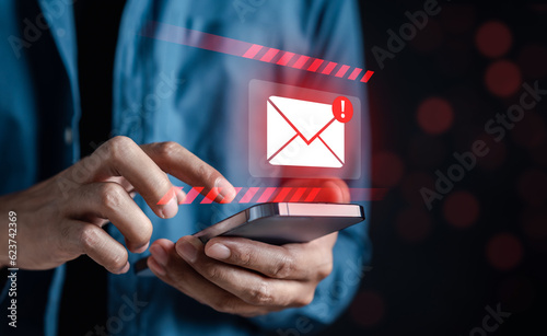 Tableau sur toile Alert Email inbox and spam virus with warning caution for notification on internet letter security protect, junk and trash mail and compromised information