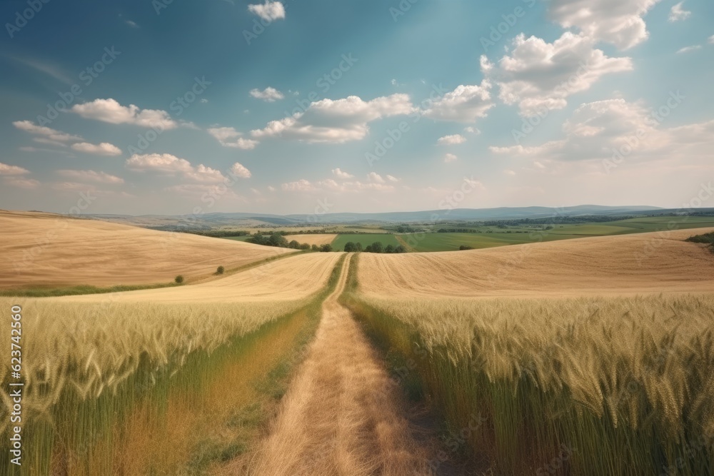 Landscape in countryside with a wide field of cereals and a pasture divided by a deserted road against a blue summer sky. Ai generative.