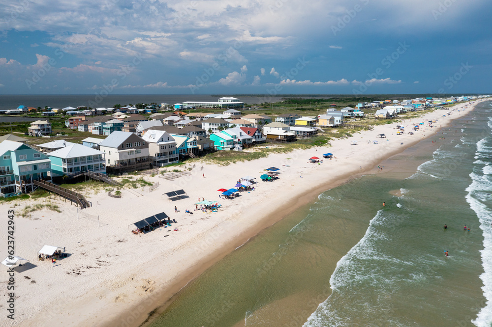 Colourful beachfront homes on Gulf of Mexico in Alabama