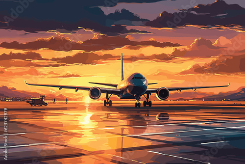 A commercial airplane Takes off at night on an airport runway with the city in the background and a beautiful sky, 3D illustration.