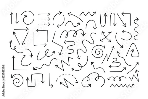 set of black and white hand drawn arrows vector illustration
