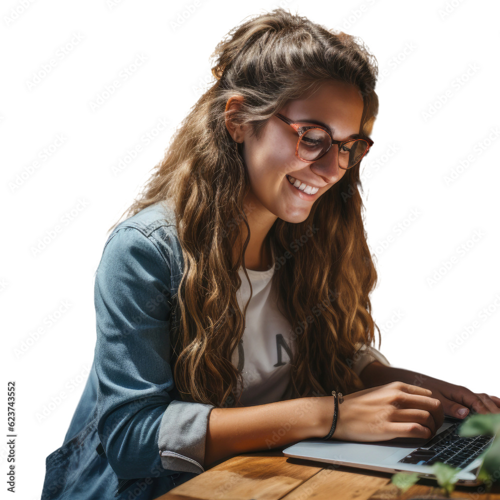 A woman sitting at a table using a laptop computer . Transparent background. A woman sitting at a table using a laptop computer . Transparent background.