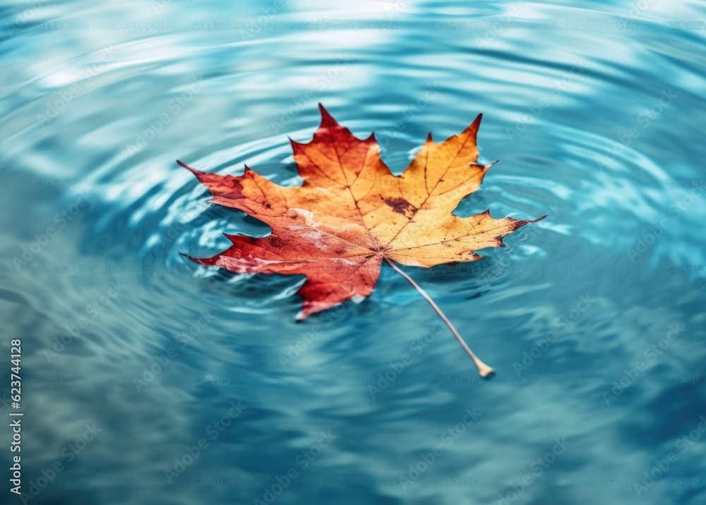 Maple leaf floating in a blue water. Generative Ai. Maple leaf floating in a blue water. Generative Ai.