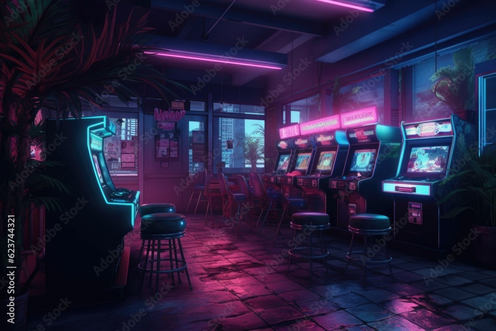 Neon colored arcade machines line up. Neon colored arcade machines line up.