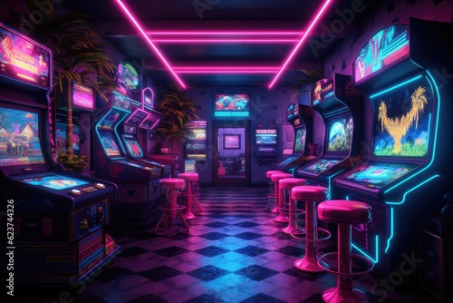 Stampa su tela Neon colored arcade machines line up.