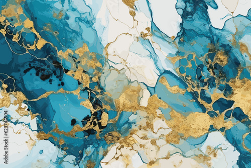 Watercolor acrylic fluid art Deco vector pattern background. Liquid marbled textured luxury pattern ornament with surface wavy lines and gold glitters. Modern trendy design in blue turquoise colors.