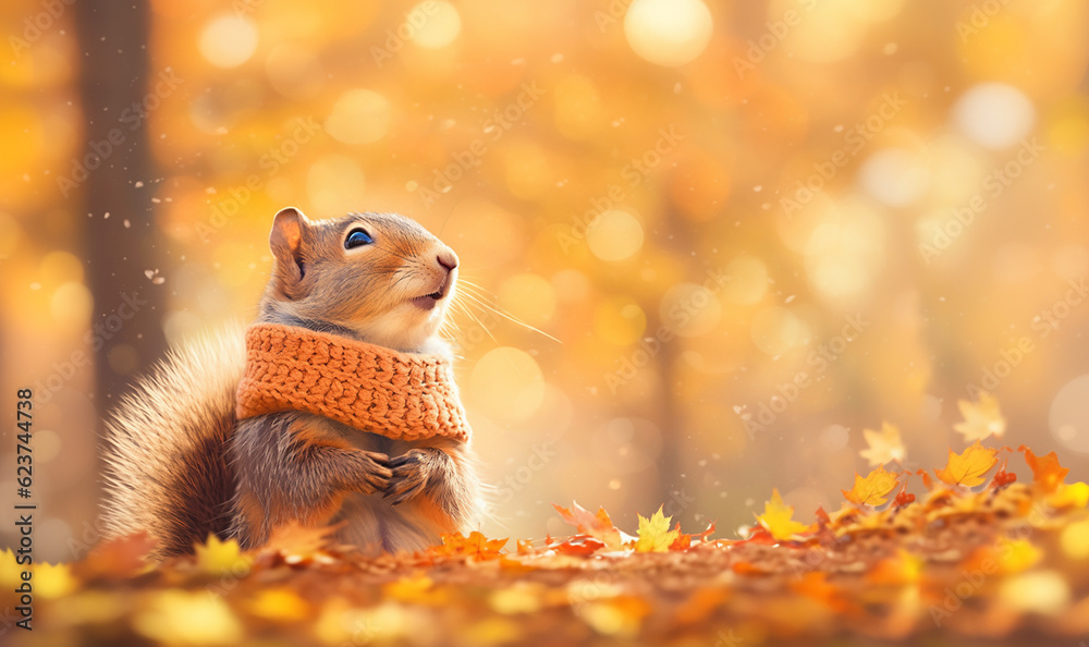 Super cute funny squirrel wearing a scarf in beautiful Fall landscape, Autumn scene with a cute european red squirrel. Sciurus vulgaris. copy space Super cute funny squirrel wearing a scarf in beautiful Fall landscape, Autumn scene with a cute european red squirrel. Sciurus vulgaris. copy space